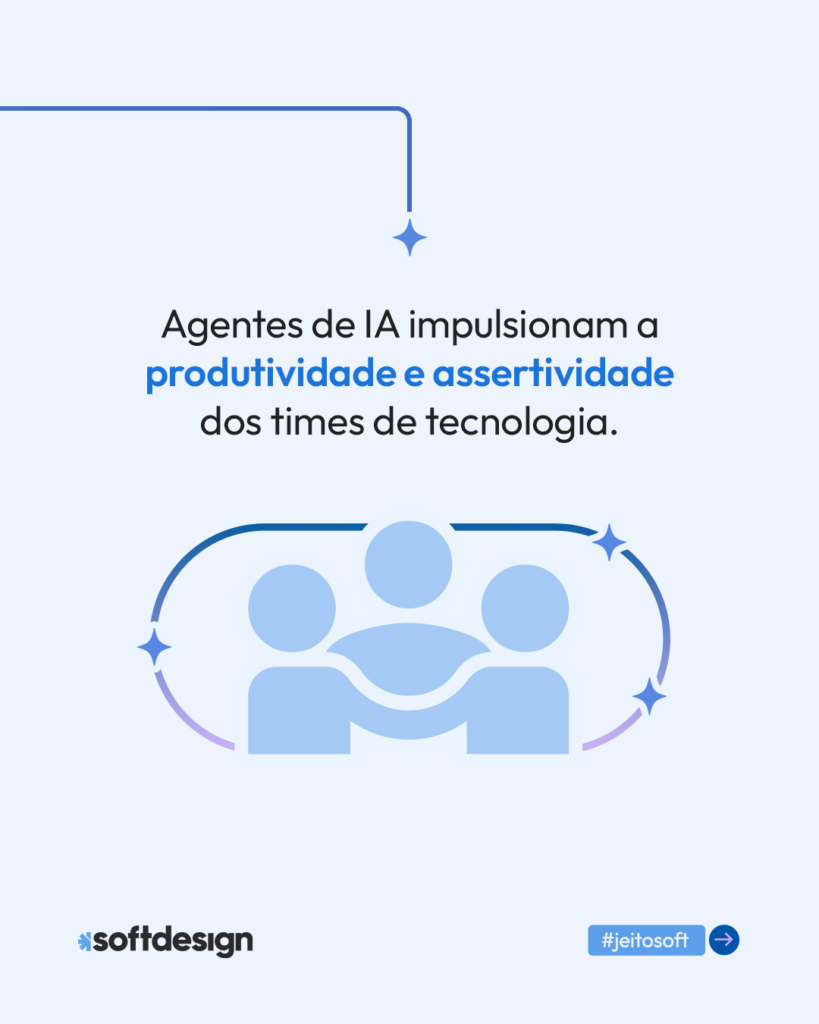 Infogr&aacute;fico explicando como agentes de intelig&ecirc;ncia artificial impulsionam produtividade e assertividade em times de tecnologia.