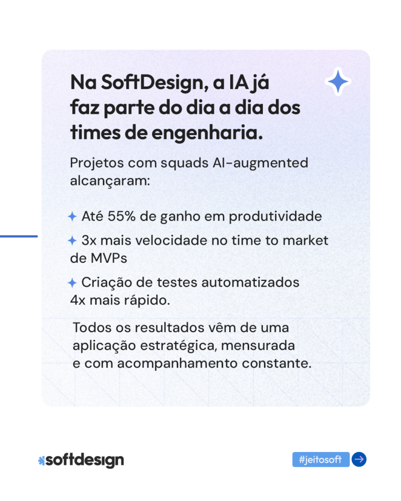 Imagem destacando as vantagens do uso de IA no SoftDesign, incluindo aumento de produtividade e rapidez em testes automatizados.