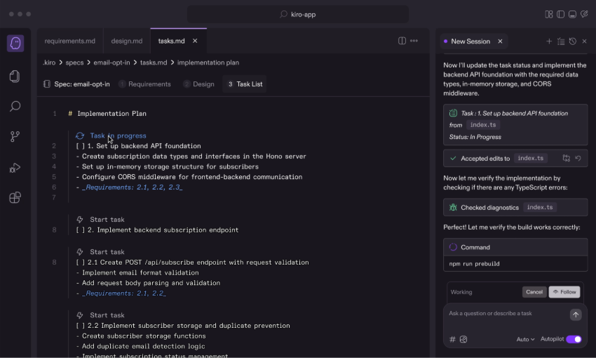 Imagem de uma interface de desenvolvimento de software com o Kiro, mostrando tarefas, status e comandos relacionados &agrave; API backend.